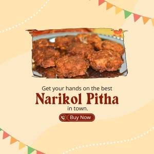 Close-up of Narikel Pitha with promotional text