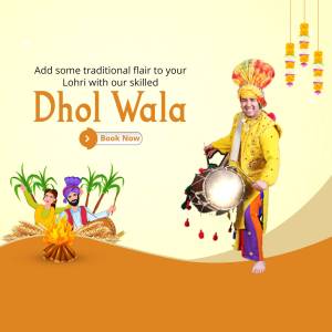 Image of a Dhol Wala performer with a call to action to book now.