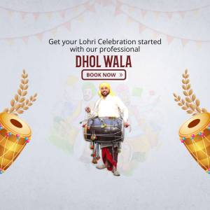 A promotional image for Dhol Wala featuring a Dhol player and Lohri decorations.
