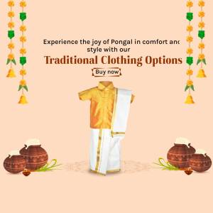 Image of traditional South Indian clothing for Pongal festival with a 'Buy Now' button.