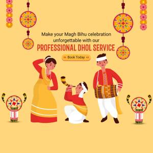 Illustration of Assamese people celebrating Magh Bihu with dhol music and a promotional message for a dhol service.