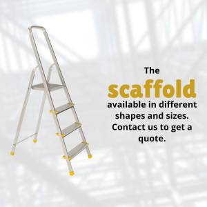 Silver aluminum ladder with yellow feet against a white wall with text overlay.