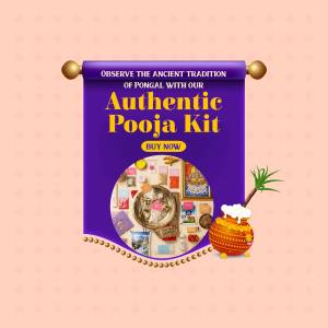 Image of an Authentic Pongal Pooja Kit advertisement with a scroll design and festive elements.