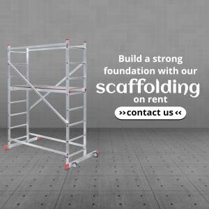 Silver scaffolding on a gray tiled floor with text promoting scaffolding rental services.