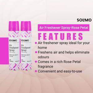 Two cans of Solmo Air Freshener Spray in Rose Petal fragrance with product features listed.