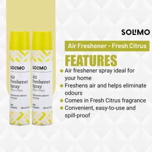 Two cans of Solmo Fresh Citrus Air Freshener spray with product features listed.