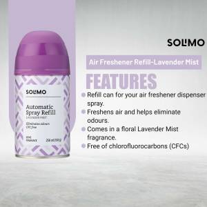 Close-up of a purple Solmo automatic spray air freshener refill can with lavender mist fragrance.