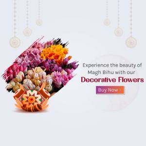 A vibrant bouquet of flowers with a traditional Assamese 'Sitol' and text promoting Magh Bihu decorative flowers.
