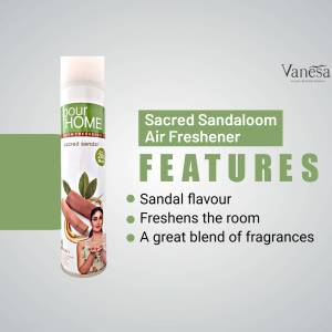 Image of Vanessa Pour Home Sacred Sandalwood Air Freshener spray bottle with product features listed.