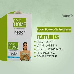 Pour Home Nector Power Pocket Air Freshener packaging with features listed.