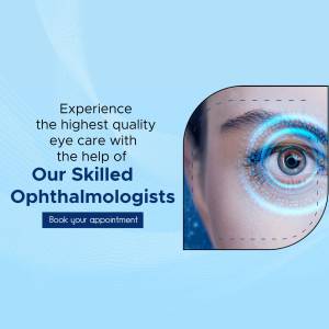 Close-up of an eye with text promoting skilled ophthalmologists and appointment booking.
