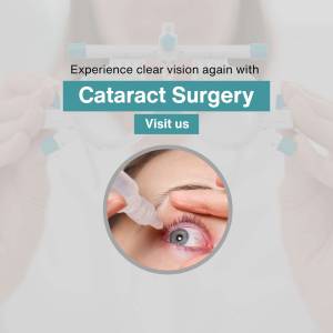 Image promoting cataract surgery with a close-up of eye drops being administered.