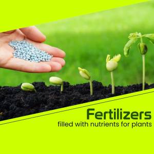 Hand holding fertilizer over sprouting plants