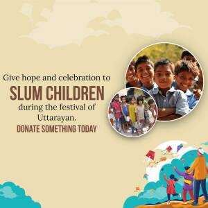 Image promoting donations for slum children during the Uttarayan festival.