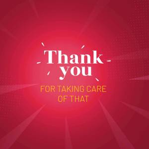 A vibrant red thank you card with a halftone pattern and radiating lines.