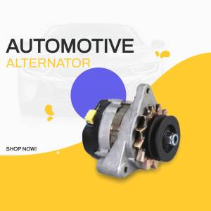 Image of an automotive alternator with a yellow and blue background.