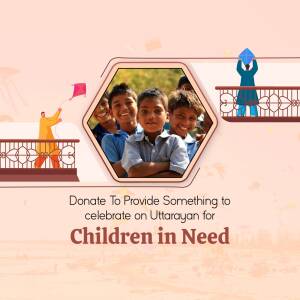 Children flying kites during Uttarayan festival with a donation appeal.