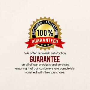 A badge displaying a 100% customer satisfaction guarantee with a red ribbon and stars.