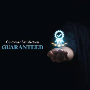 Hand holding a glowing badge with a checkmark and stars, symbolizing customer satisfaction guarantee.