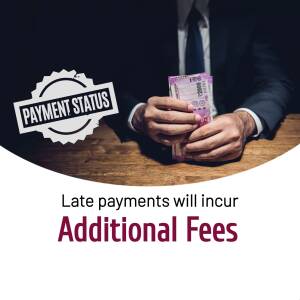 Man holding Indian currency with a payment status notification and late fee warning.