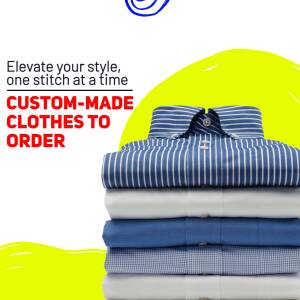 Stack of custom-made shirts with text promoting bespoke tailoring.