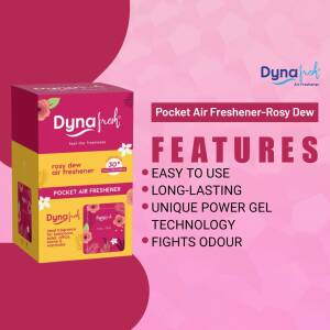 Image of DynaFresh Rosy Dew Pocket Air Freshener packaging with features listed.