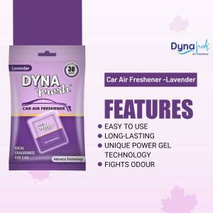 Dyna Fresh Lavender Car Air Freshener packaging with features listed