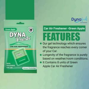 Image of a Dyna Fresh Green Apple car air freshener package.