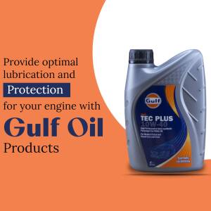 Bottle of Gulf Oil TEC PLUS 10W-40 engine oil with promotional text