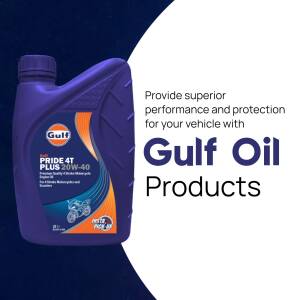Gulf Pride 4T Plus 20W-40 motor oil bottle with product information.