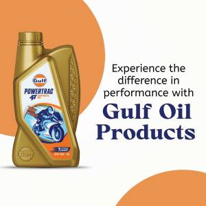 Gulf PowerTrac 4T 20W-50 engine oil bottle with a motorcycle graphic.