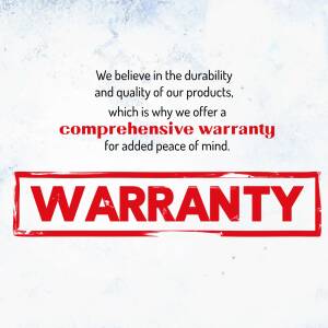 Image displaying a warranty message with a red stamp and text about product durability.