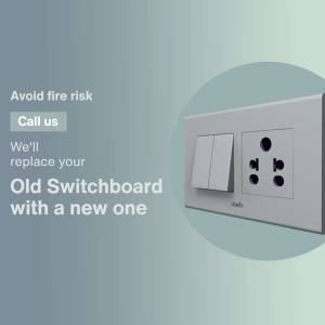 Image of a modern electrical switchboard with a call to action to replace old switchboards.