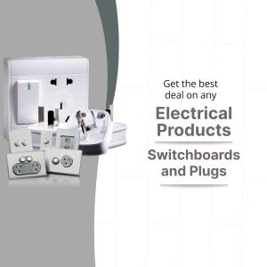 Image of electrical switchboards, plugs, and a remote control with promotional text.