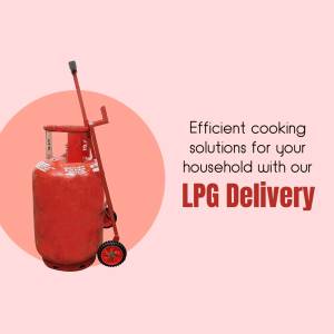 Red LPG gas cylinder with a wheeled trolley, promoting delivery services.