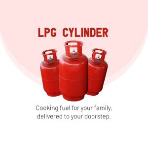 Three red LPG cylinders with text 'LPG CYLINDER' and 'Cooking fuel for your family, delivered to your doorstep.'