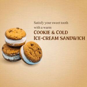 Stack of chocolate chip cookie ice cream sandwiches on a beige background