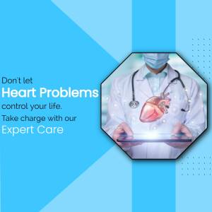 Doctor holding a tablet displaying a heart image with text about heart problem care.