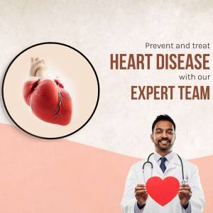 Doctor holding a red heart with a heart illustration in the background, promoting heart disease prevention.