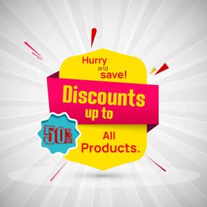 Bright yellow and pink discount banner with 50% off offer