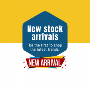 Graphic announcing new stock arrivals with a blue hexagon and red banner.