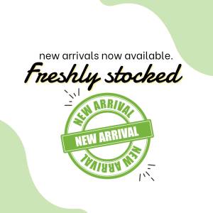 Graphic announcing new arrivals with a green and white color scheme.
