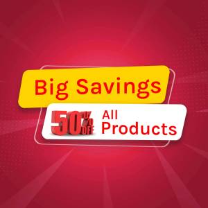 Image advertising a 50% off sale on all products
