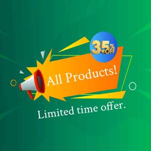 Image of a 35% off sale promotion with a megaphone and colorful design.