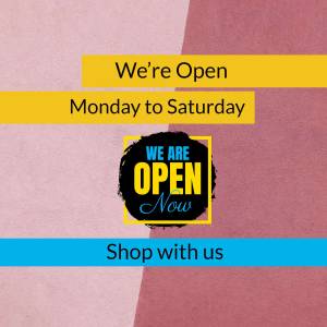 Image announcing a business is open Monday to Saturday with a 'We Are Open Now' graphic.