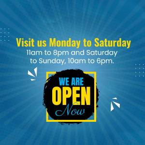 Image displaying business hours: Monday to Saturday 11am-8pm, Sunday 10am-6pm with 'We Are Open Now' message.