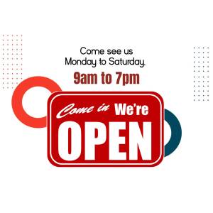 An image displaying a business open sign with operating hours.