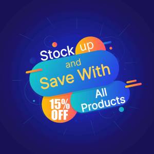 Promotion graphic for a 15% off sale on all products