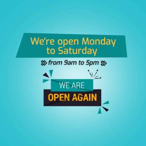 Graphic announcing business is open Monday to Saturday from 9am to 5pm