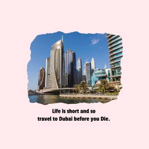 Dubai cityscape with modern buildings and a torn paper effect with text.